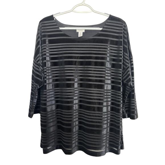 Chico’s Velvet Burnout 3/4 Sleeve Top Size 2 Large Black Stripes Sheer Classic - Picture 1 of 4